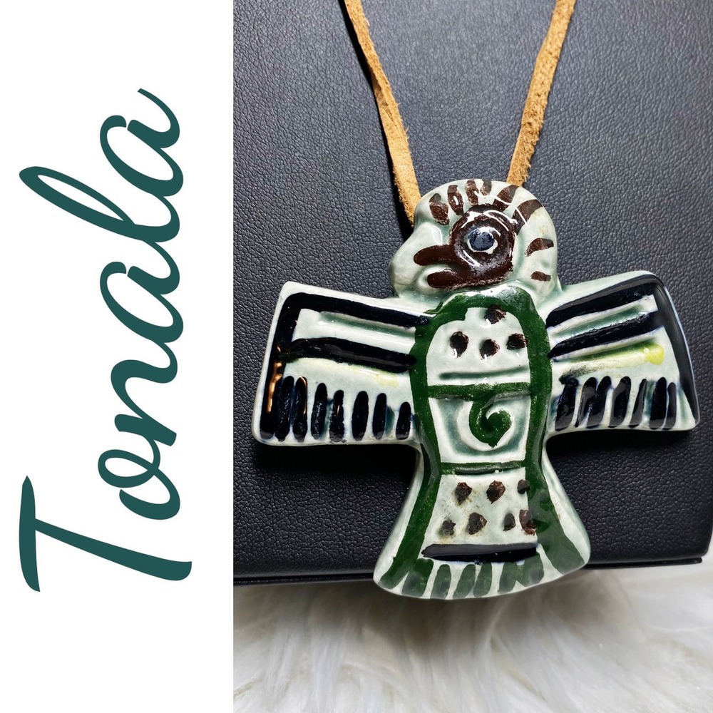 Vintage Signed Tonala Mexico Ceramic Thunderbird Pendant Necklace Folk Art